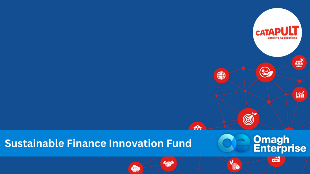 A dark blue background. An array of red icons to the right of screen, showing various of cyber security images. Paler blue banner along the bottom, with white text. "Sustainable Finance Innovation Fund" Omagh Enterprise logo within the blue banner.