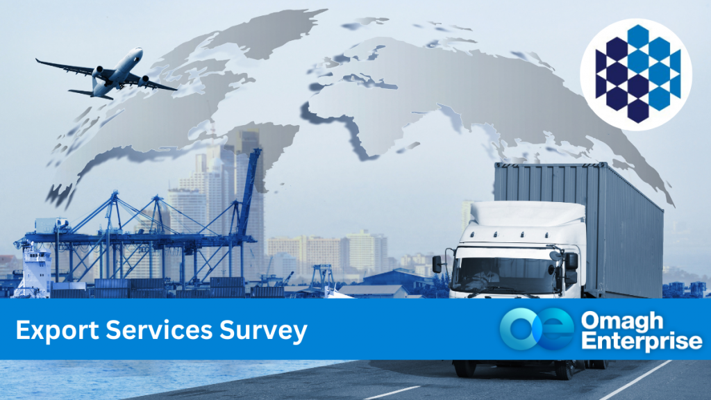 Stylish art in blue tint of airplane, lorry and cranes on a boat, with the global in the background. Blue banner along the bottom with white text. "Export Services Survey" Omagh Enterprise logo within blue banner.