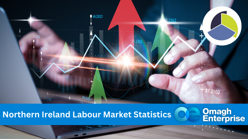 Hands typing on a laptop with overlaid graphs and arrows, representing Northern Ireland labour market statistics. Omagh Enterprise logo is displayed.