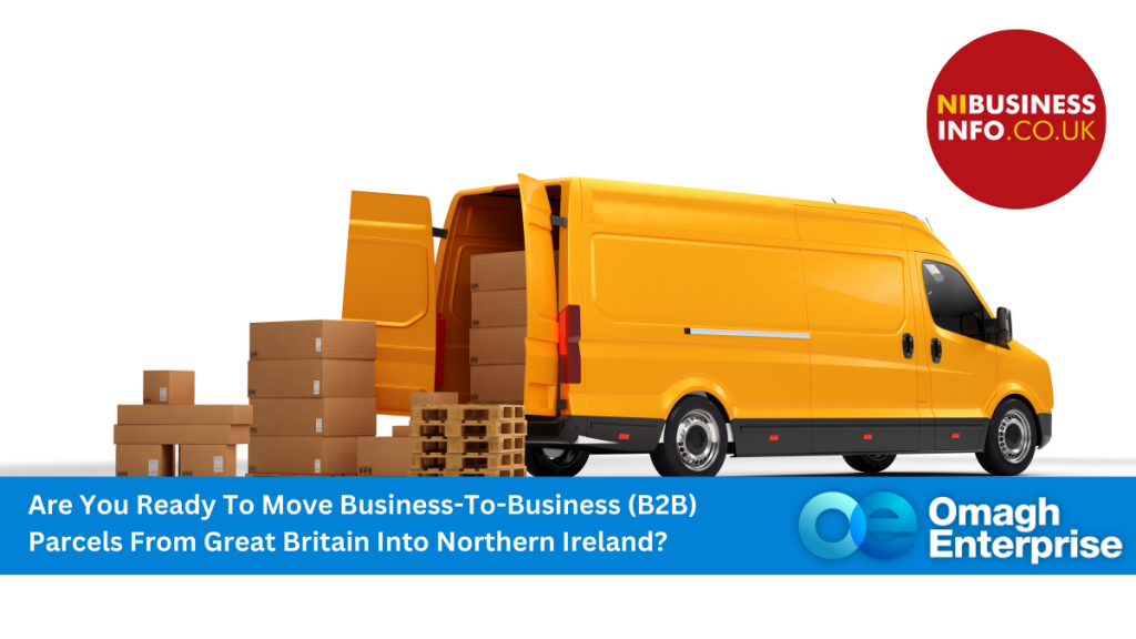 A yellow delivery van with its back doors open is surrounded by stacked cardboard boxes. Text at the bottom reads, Are you ready to move business-to-business (B2B) parcels from Great Britain into Northern Ireland? Logos for nibusinessinfo.co.uk and Omagh Enterprise are displayed.