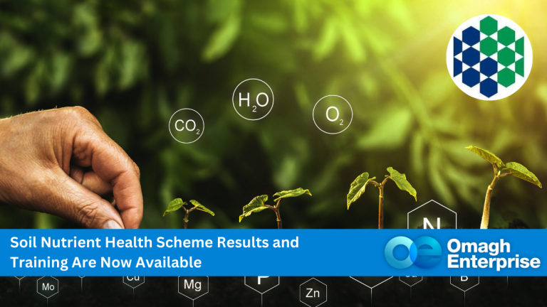 A hand tends to small seedlings with chemical element symbols like H₂O and CO₂ floating above. A logo and text overlay read, Soil Nutrient Health Scheme Results and Training Are Now Available, and Omagh Enterprise.