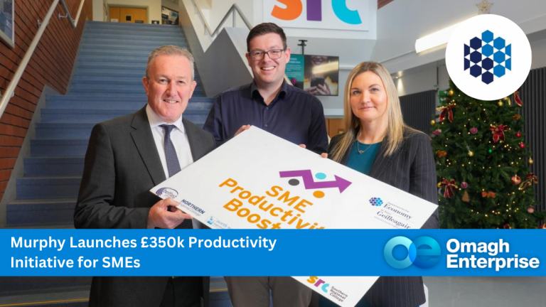 Economy Minister Conor Murphy pictured at the launch of the SME Productivity Booster at Southern Regional College’s Newry campus with James O’Neill of Rathbanna Ltd and Lee Campbell, Principal and Chief Executive of Southern Regional College. Murphy Launches £350k Productivity Initiative for SMEs