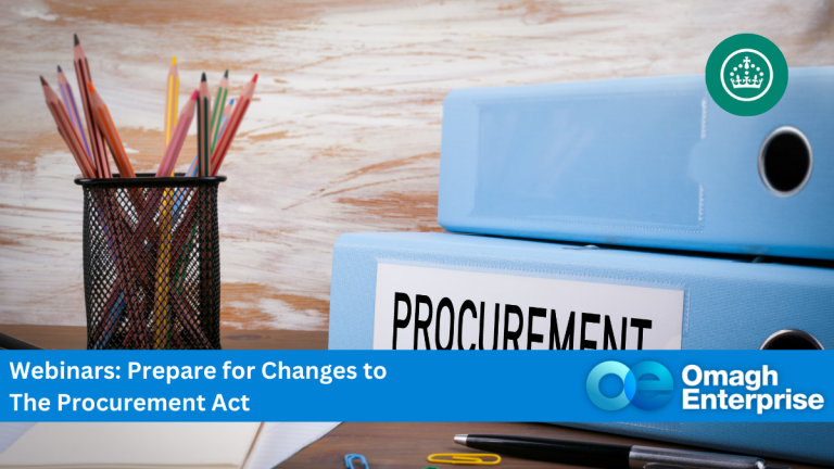 A desk with a blue binder labeled Procurement, a stack of colorful pens, and notebooks. A logo with a crown inside a circle is at the top, and a banner reads, Webinars: Prepare for Changes to The Procurement Act - Omagh Enterprise.