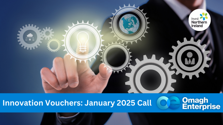 A person in a suit points at virtual gears displaying icons like a lightbulb and globe. Text reads Innovation Vouchers: January 2025 Call, with logos for Invest Northern Ireland and Omagh Enterprise.