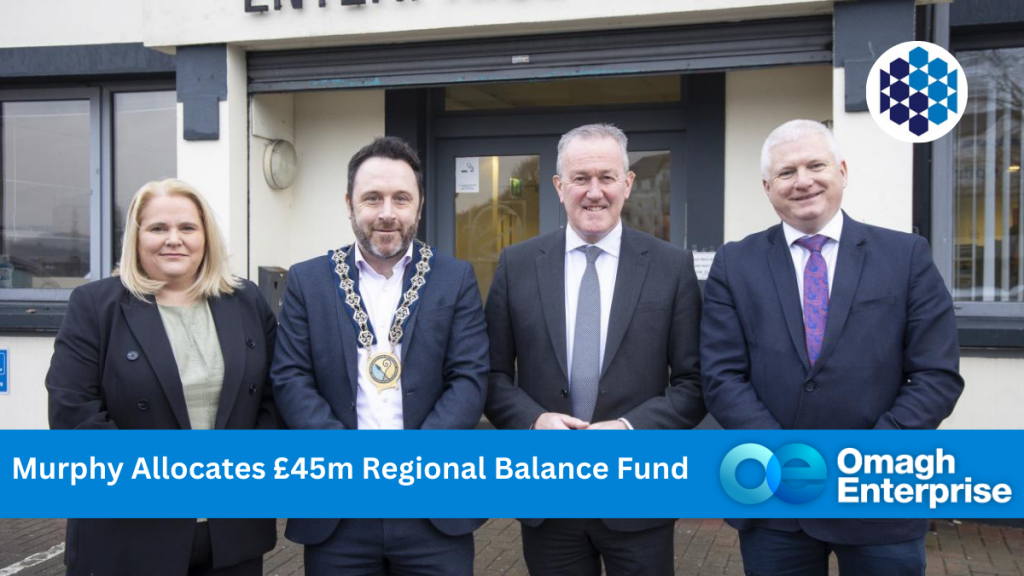 Economy Minister outside Enterprise House with Alan McKeown, Executive Director of Regional Business at Invest NI, Solace NI Chair Marie Ward and Cllr Byrne, Chair of Newry, Mourne and Down District Council