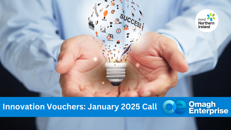 Hands cupping a lightbulb with "SUCCESS" and icons inside. Text reads: "Innovation Vouchers: January 2025 Call" with Invest Northern Ireland and Omagh Enterprise logos.