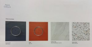 Paint color samples displayed: Casework in denim blue, Wall in tiger tail orange, Vanity Tops in white marble, and Splash Back in speckled chips.