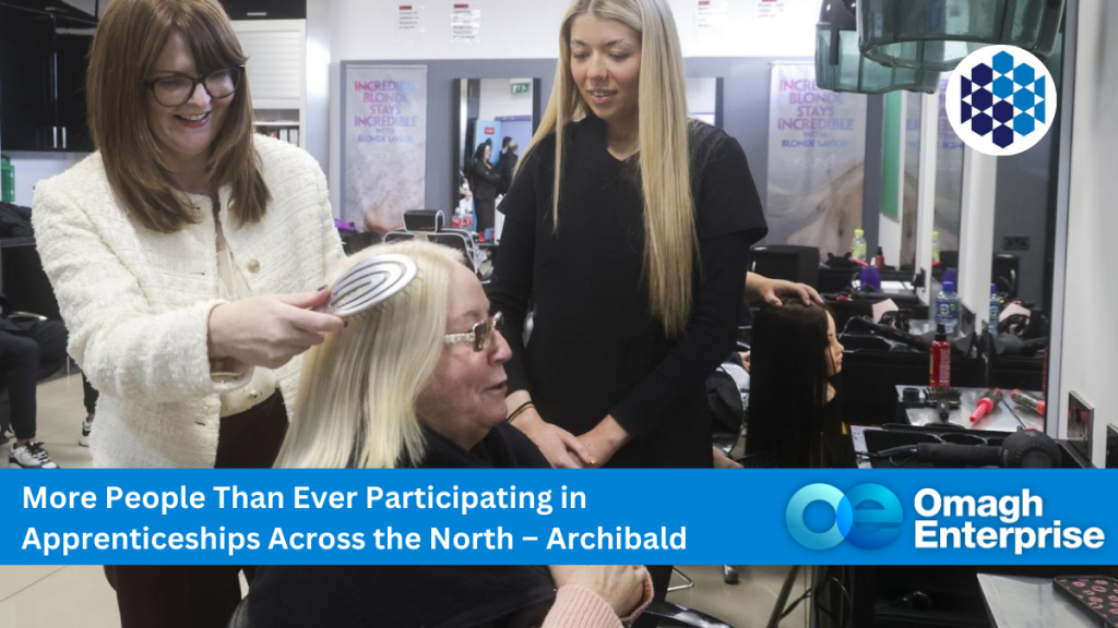 Economy Minister Dr Caoimhe Archibald pictured at Springvale Employment and Learning in Belfast with Springvale hair model Ms Pauline Torney and apprentice hairdresser Grace McVeigh. More People Than Ever Participating in Apprenticeships Across the North – Archibald