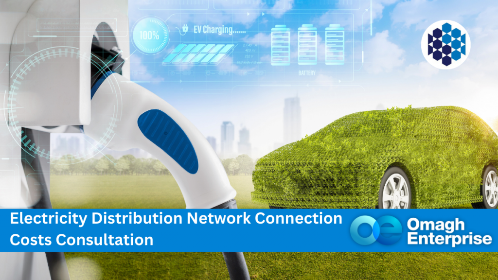 An electric vehicle charging station with a cable plugged in. A grassy, eco-friendly car is in the background. Overlay graphics show charging info. Text at the bottom reads: Electricity Distribution Network Connection Costs Consultation with the Omagh Enterprise logo.