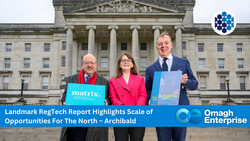 Economy Minister Dr Caoimhe Archibald pictured with (left) Chris Hayward, Policy Chair at the City of London Corporation, and Robert Hill, Chair of Matrix, the Northern Ireland Science Industry Panel.