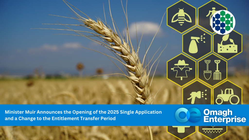 Close-up of a wheat field with icons related to agriculture and farming. A blue banner at the bottom announces an opening of 2025 applications by Minister Muir for Omagh Enterprise.