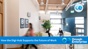 A modern office lounge with two people seated and talking, another person walking, and signage for rooms B and C; Omagh Enterprise branding is visible.