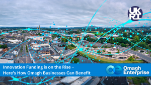 Aerial view of Omagh with text overlay discussing rising innovation funding and benefits for Omagh businesses, featuring UKRI and Omagh Enterprise logos.