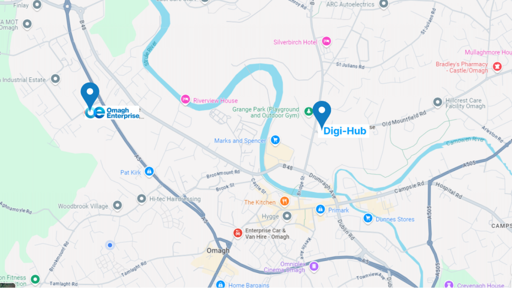 Map showing the locations of Omagh Enterprise and Digi-Hub in Omagh, with nearby landmarks and roads labeled.