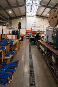 A factory workspace with bundles of blue cables on tables and shelves, equipment along the right, and a person working at a desk in the background under skylights.