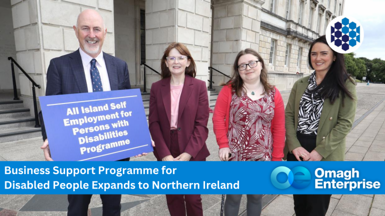 Four people stand outside a building, one holding a sign that reads "All Island Self Employment for Persons with Disabilities Programme." Omagh Enterprise and programme details are shown below.