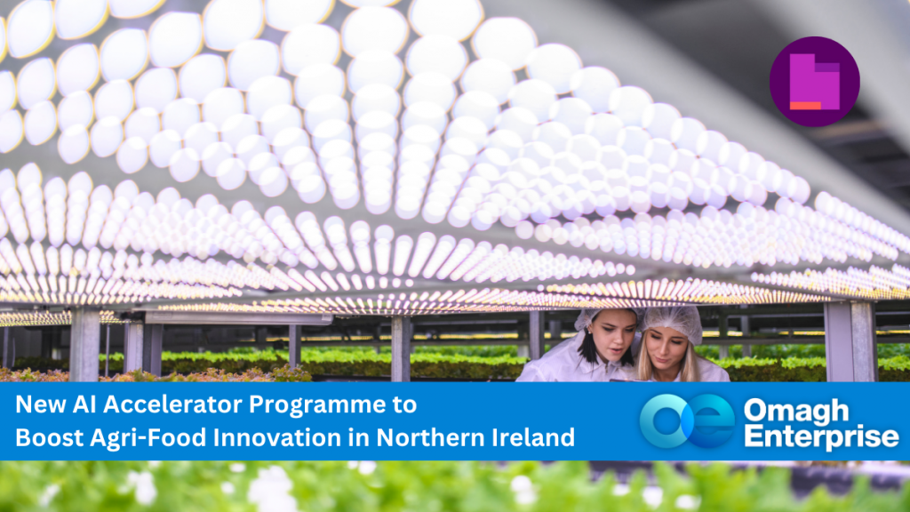 Two people in lab coats and hairnets examine plants under bright LED grow lights in an indoor farm. Text overlay promotes an AI accelerator for agri-food innovation in Northern Ireland.
