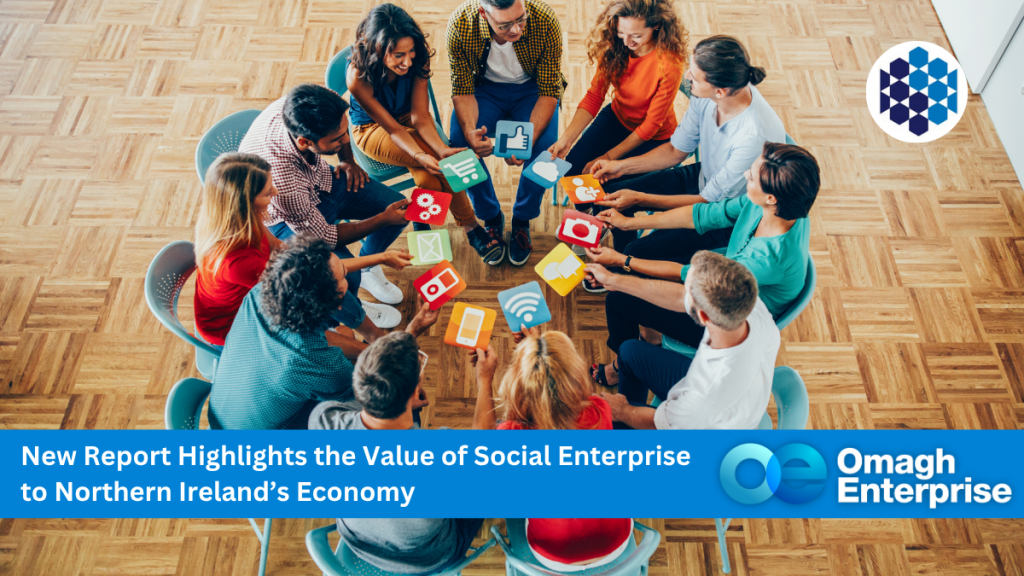 A group of people sit in a circle holding icons representing technology and communication; Omagh Enterprise and report headline banners overlay the image.