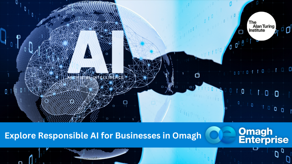 A digital illustration of a handshake overlaid with a wireframe AI brain, text reads "Explore Responsible AI for Businesses in Omagh" and Omagh Enterprise branding is visible.