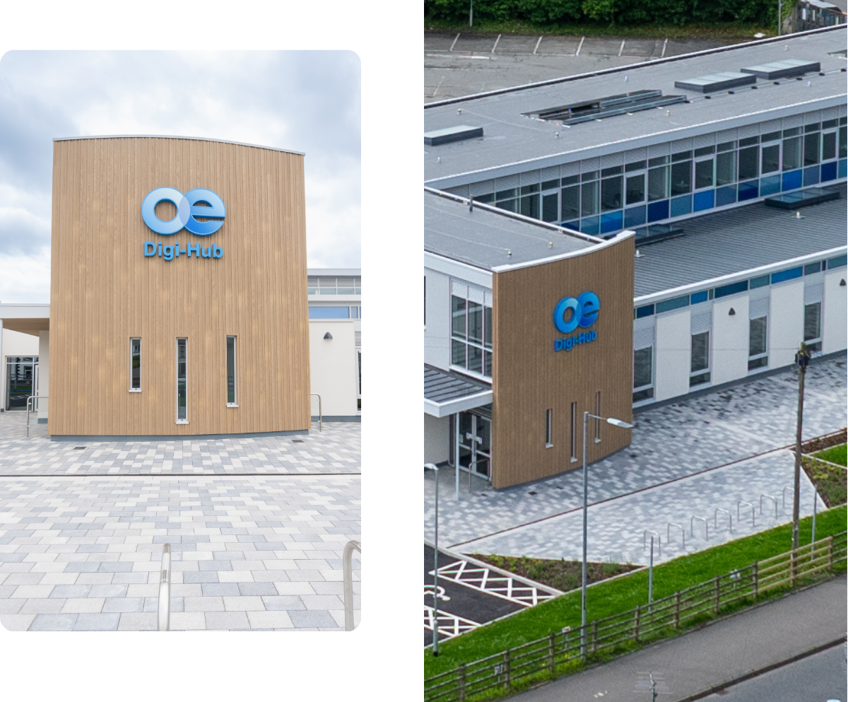 Two panel images 1. Front door of OE Digi-hub 2. Aerial view of OE Digi-Hub