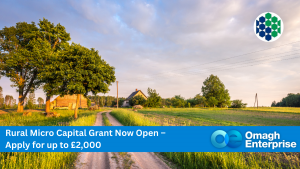 A country road leads to farm buildings under a cloudy sky. Text overlay reads: "Rural Micro Capital Grant Now Open – Apply for up to £2,000. Omagh Enterprise.