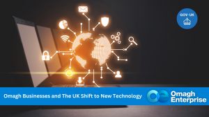 A laptop with digital icons connected around a glowing globe, illustrating technology and networking, with an Omagh Enterprise banner and GOV.UK badge.