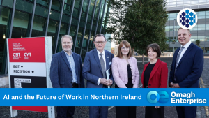 Minister launches 'AI and the Future of Work in Northern Ireland’ report and 4 other people stand outside a modern glass building near a sign that reads “School of Electronics, Electrical Engineering & Computer Science.” Banner reads: "AI and the Future of Work in Northern Ireland.