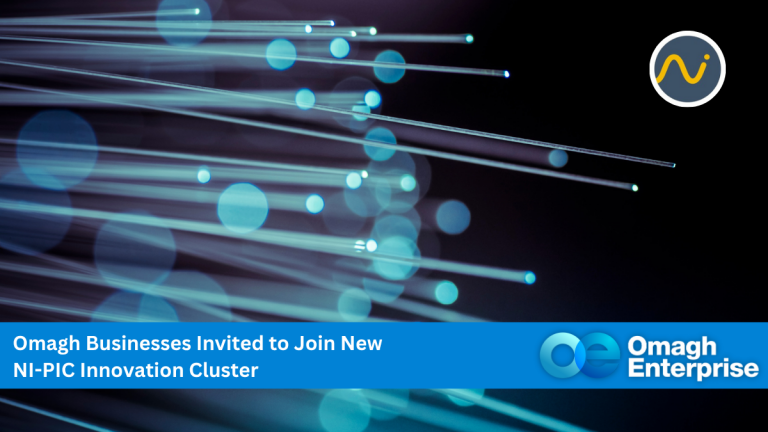 Blue fiber optic lights with Omagh Enterprise branding and text: "Omagh Businesses Invited to Join New NI-PIC Innovation Cluster" against a dark background.