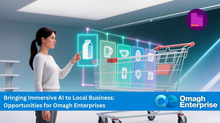 A woman interacts with virtual product icons above a shopping cart, illustrating AI technology in retail, with branding for Omagh Enterprise and event information overlayed.