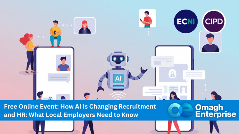 Illustration of people interacting with mobile devices and a robot labeled "AI," with logos for ECNI, CIPD, and Omagh Enterprise, promoting an online event about AI in recruitment and HR.