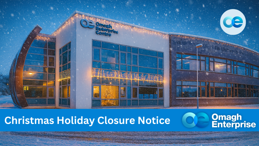 The Omagh Enterprise building on Great Northern Road, with lights and snow, with text stating "Christmas Holiday Closure Notice" and the Omagh Enterprise logo.
