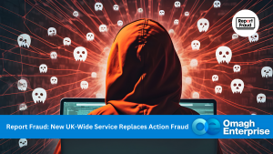 A person in a hoodie sits at a computer, surrounded by digital skull icons, with text about a new UK-wide fraud reporting service replacing Action Fraud.