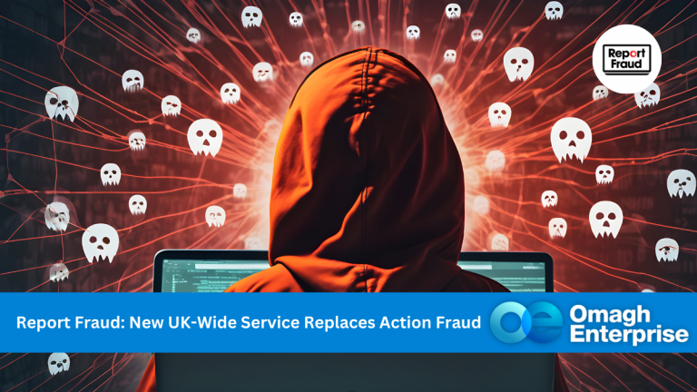 A person in a hoodie sits at a computer, surrounded by digital skull icons, with text about a new UK-wide fraud reporting service replacing Action Fraud.