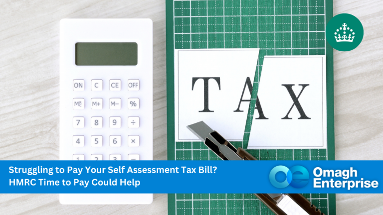 A calculator, a cutting mat, and a utility knife beside a paper with the word "TAX" cut in half; overlay text about paying self assessment tax bills.