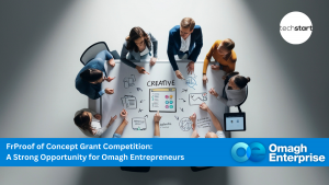 Six people sit around a table discussing a creative project, with charts and diagrams on the table; Techstart and Omagh Enterprise logos are visible.