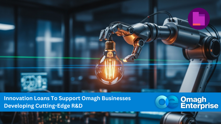 A robotic arm holds a glowing light bulb in a modern lab, with a banner promoting innovation loans for Omagh businesses’ research and development.