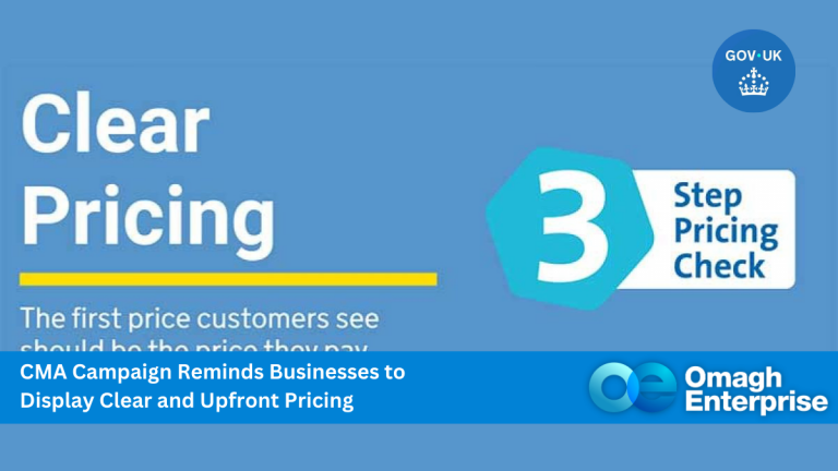 A digital graphic promoting clear pricing for businesses, featuring a "3 Step Pricing Check" and a banner for Omagh Enterprise and the UK government.