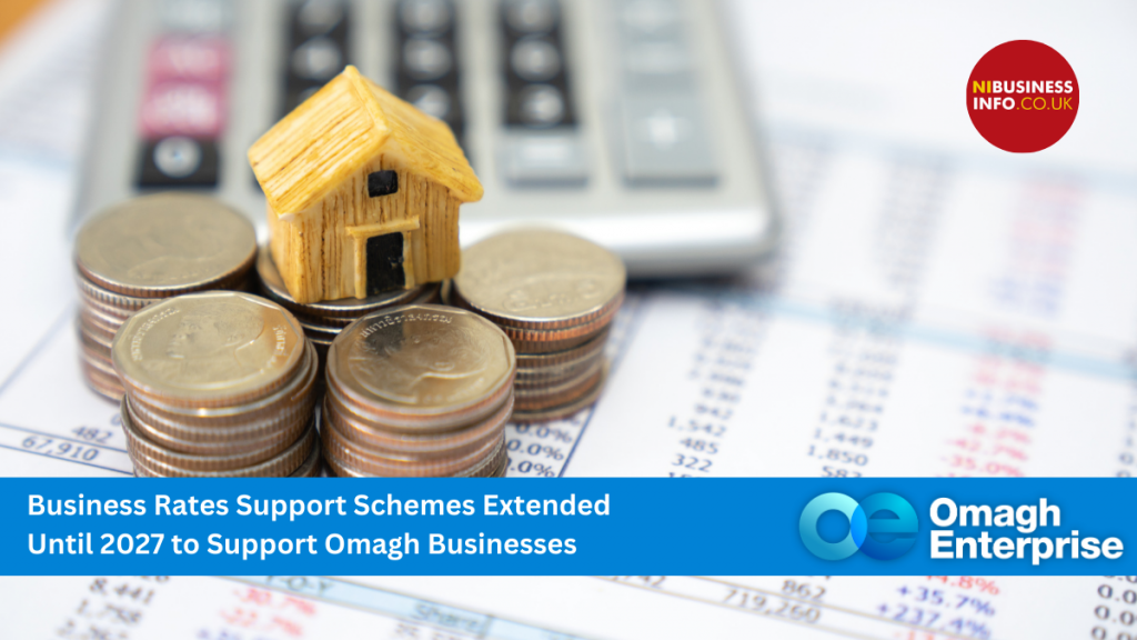 A small wooden house sits on stacked coins next to a calculator and financial documents, illustrating business rate support schemes.