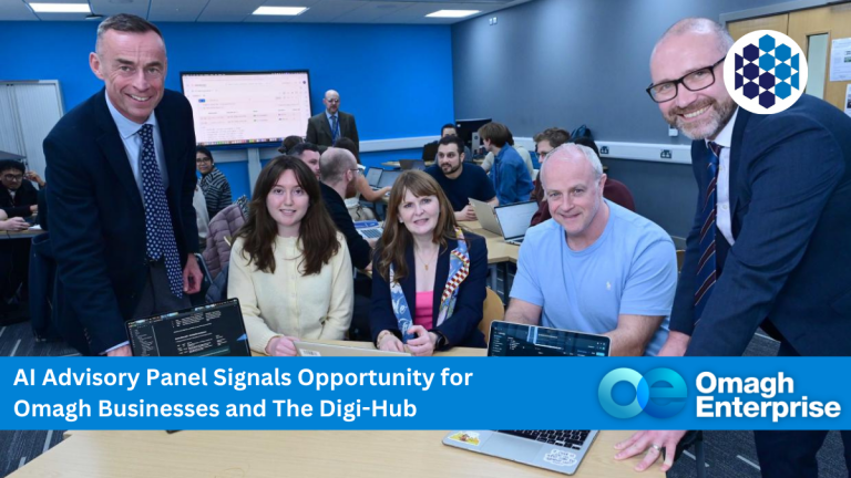 Economy Minister Dr Caoimhe Archibald with EY Managing Partner, Rob Herron and EY Chief Operating Officer, Jonathan Williamson, along with BMC students Caitlin O’Connor and Steven Hinds who are undertaking an Assured Skills Academy in AI & Data with EY