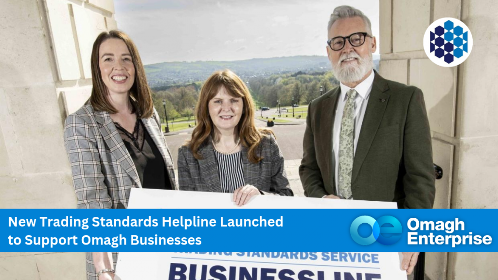 Economy Minister Dr Caoimhe Archibald with Richard Knipe and Christina McNiece from the Department's Trading Standards Service.