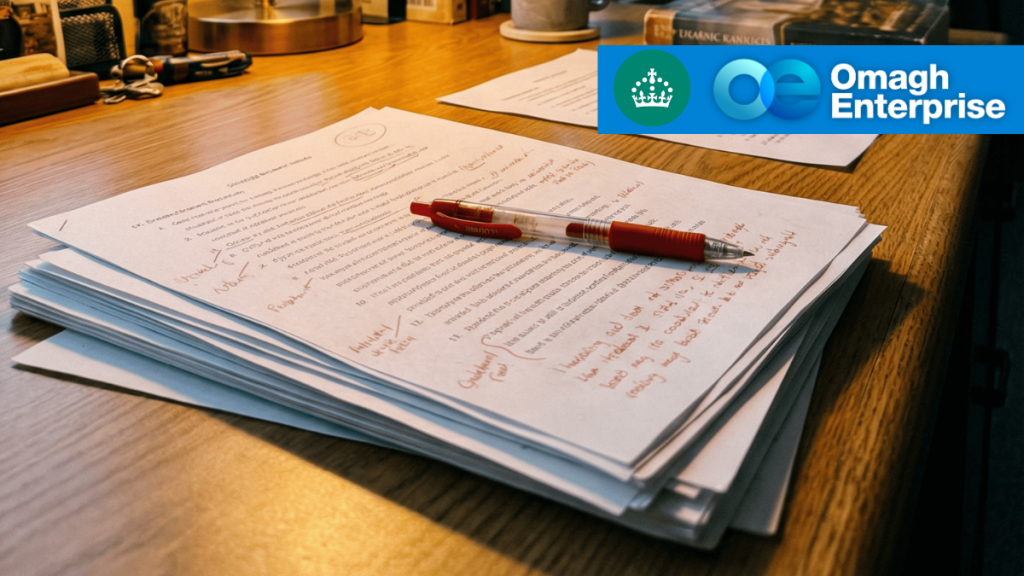 A stack of printed documents with handwritten notes and a red pen sits on a wooden desk; the Omagh Enterprise logo appears in the top right corner.