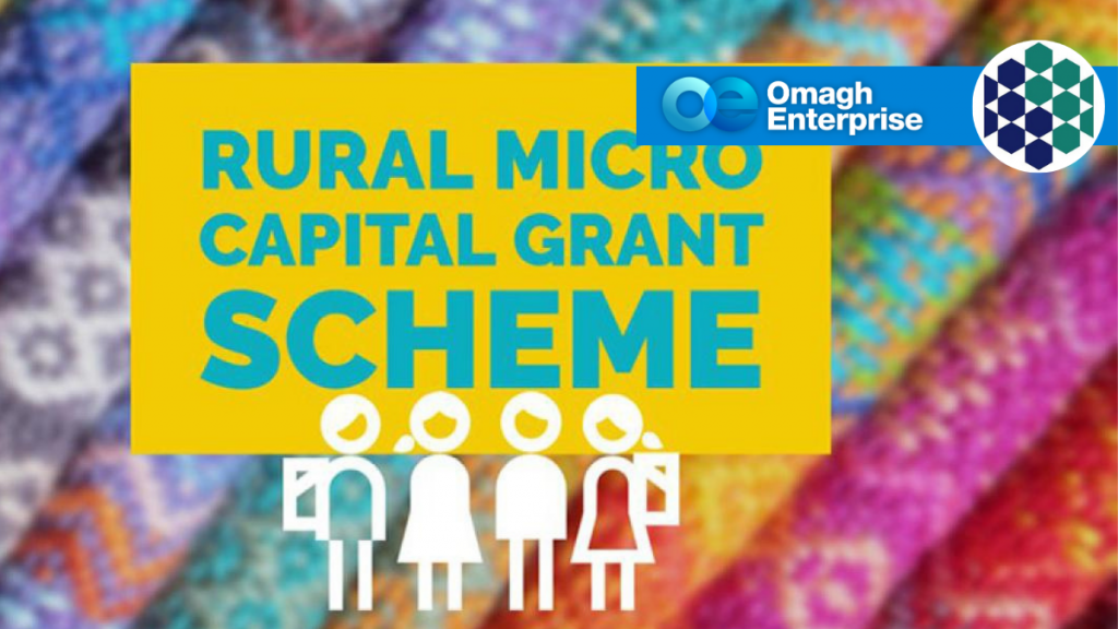 Yellow sign reading “Rural Micro Capital Grant Scheme” with white icons of people below. Omagh Enterprise logo and a geometric blue/green circle are in the top right. The colorful patterned background is blurred.