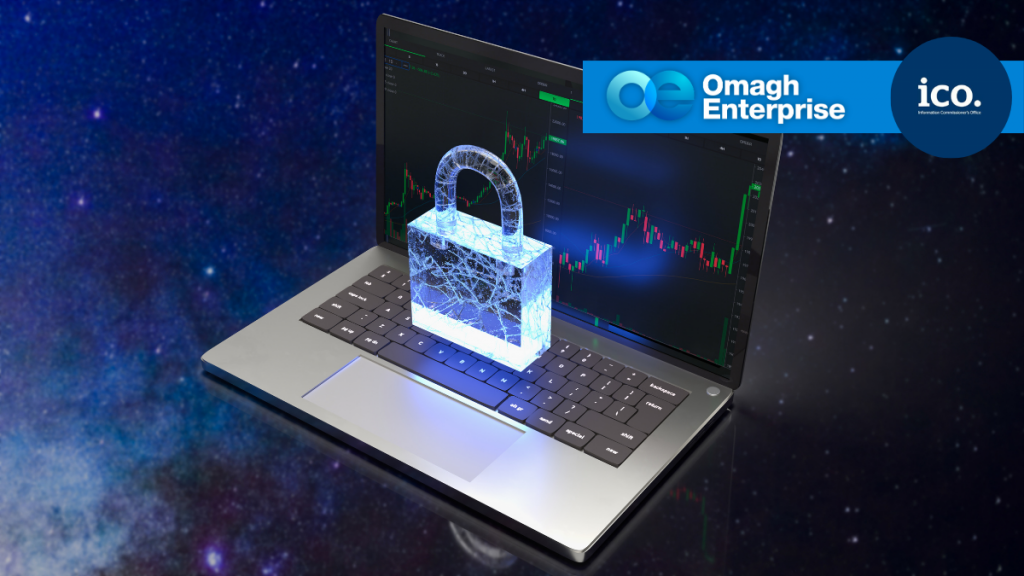 A digital padlock hologram appears above a laptop displaying financial charts, with Omagh Enterprise and ICO logos in the top right corner, set against a starry background.