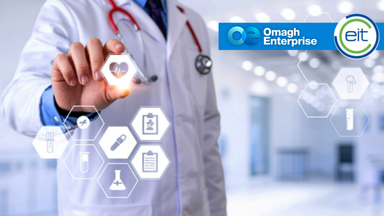 A doctor in a lab coat interacts with virtual medical icons, with the Omagh Enterprise and eit logos visible in the background.