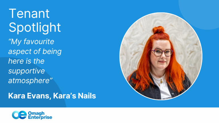 Kara with long red hair and glasses is featured in a tenant spotlight for Kara’s Nails at Omagh Enterprise, highlighting a supportive atmosphere.