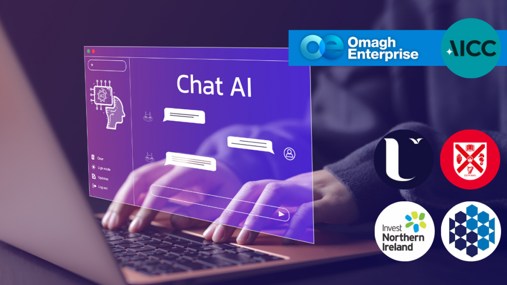 Hands typing on a laptop with a virtual Chat AI interface overlaid; several business and university logos are displayed in the image corners.