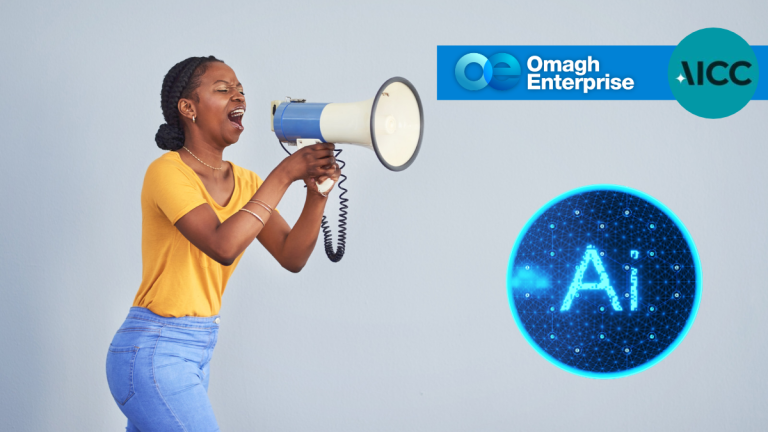 A person shouts into a megaphone next to an Omagh Enterprise AICC logo and a glowing blue AI icon.